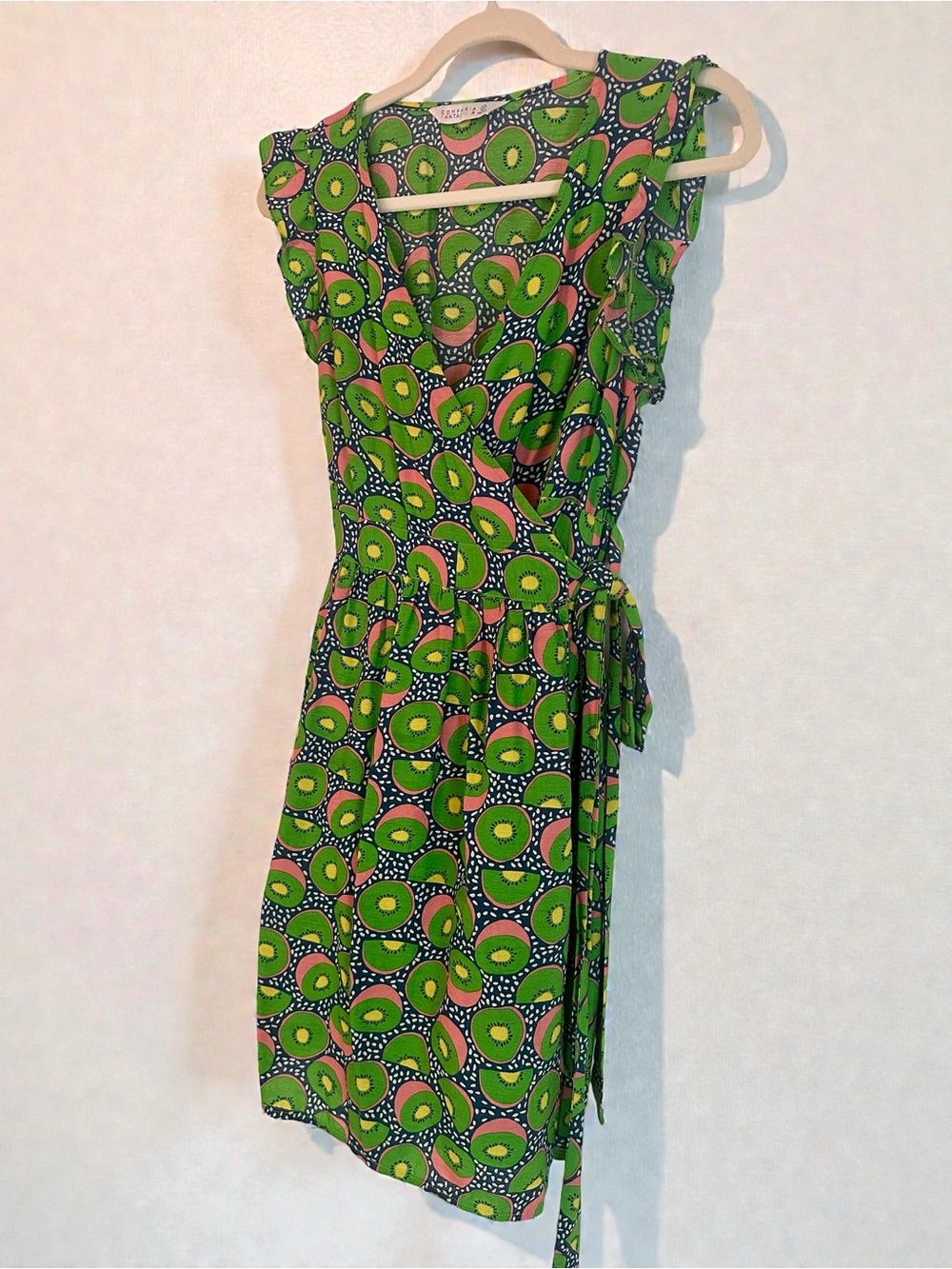 Green Kiwi Printed Wrap Dress with Ruffle Sleeves